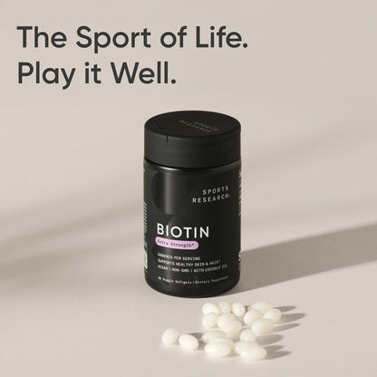 Sports Research Biotin 5,000mcg with Organic Coconut Oil - Vitamin B7 for Healthy Hair and Skin Support - Vegan, Non-GMO, Gluten & Soya-Free - 30 Veggie Softgels