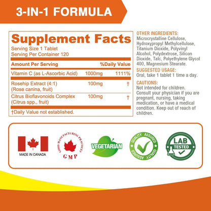 LOVITA Vitamin C 1000mg with Citrus Bioflavonoids & Rosehip, Timed Release Coating, High Strength 3-in-1 Formula, Immune Support, 120 Vegan Tablets