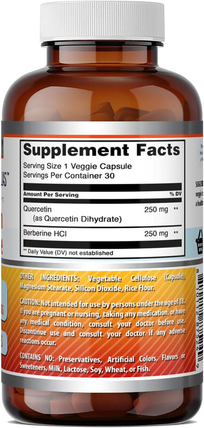 Amazing Formulae Quercetin Berberine | 250mg Berberine and 250mg Quercetin | Veggie Capsules | Non-GMO | Gluten-free | 30 Count