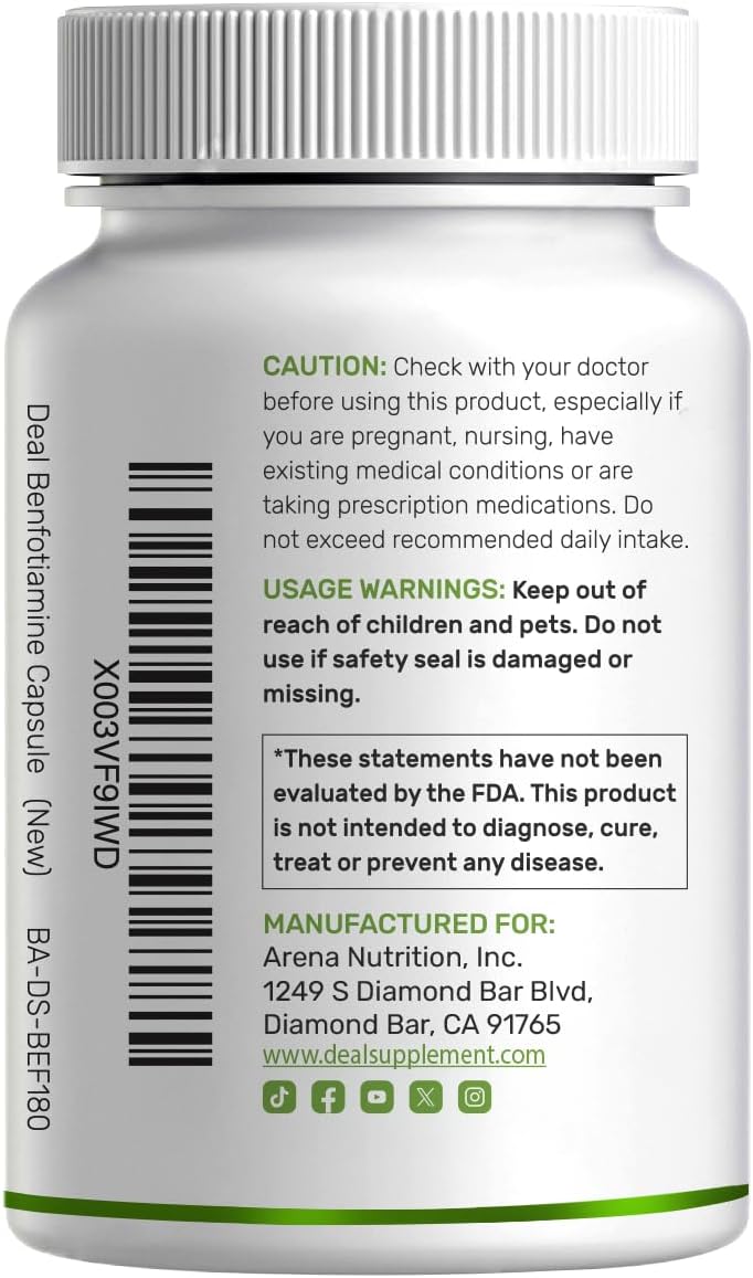 Benfotiamine 600mg Per Serving, 180 Veggie Capsules - Fat Soluble Vitamin B1 (Thiamine) Supplement - Vegan, Non-GMO, Gluten-free - görsel 8