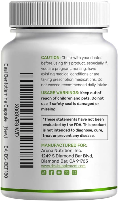 Benfotiamine 600mg Per Serving, 180 Veggie Capsules - Fat Soluble Vitamin B1 (Thiamine) Supplement - Vegan, Non-GMO, Gluten-free