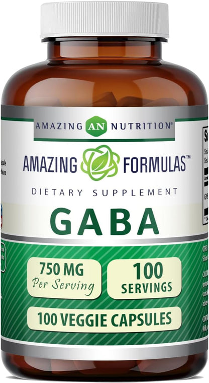 Amazing Formulae GABA Supplement | 750 mg per Serving | 100 Veggie Capsules | Non-GMO | Gluten-free | Made in USA