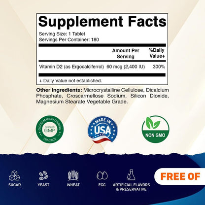 Vitamatic Vitamin D2 60 mcg (2400 IU) – Ergocalciferol – 180 Vegetarian Tablets (3 Bottles)