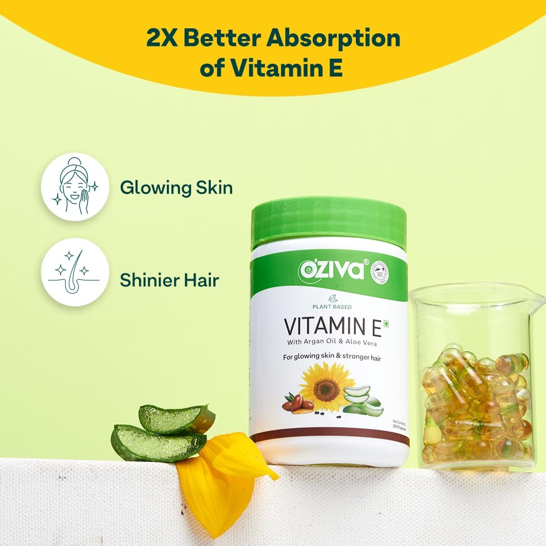 OZiva Plant-Based Vitamin E + Aloe Vera + Argan Oil for Glowing Skin and Stronger Hair, 30 Vegan Capsules - görsel 2