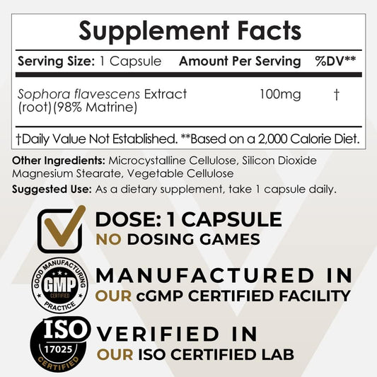 Matrine Capsules | 100mg | 98% | Sophora flavescens Extract | 180 Capsules