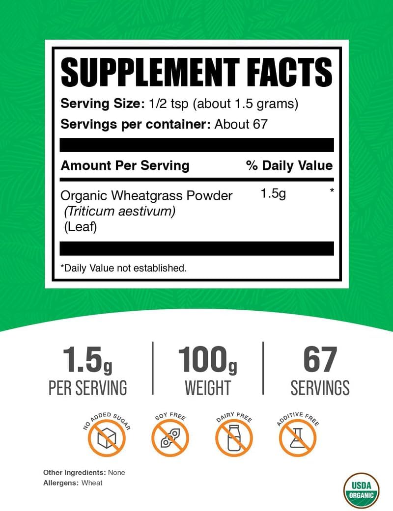 BulkSupplements.com Organic Wheatgrass Powder - Organic Super Greens Powder, Superfood Supplement - Vegan & Gluten-free, 1.5g per Serving, 100g (3.5 oz) - görsel 2