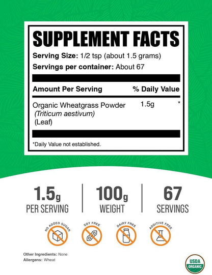 BulkSupplements.com Organic Wheatgrass Powder - Organic Super Greens Powder, Superfood Supplement - Vegan & Gluten-free, 1.5g per Serving, 100g (3.5 oz)