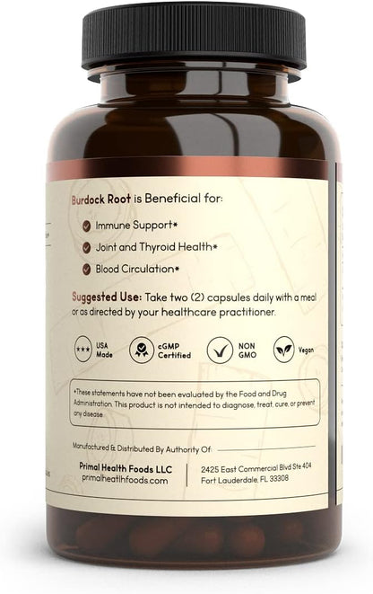 Primal Health Foods Organic Burdock Root Capsules 1000 mg – Circulation, Immune, Skin & Joint Support