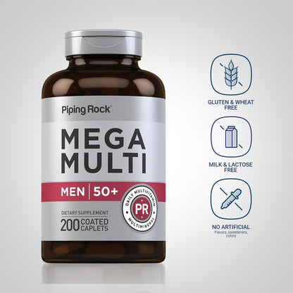 Piping Rock Mega 50 Plus Multivitamin for Men Over 50+ - Magnesium, Calcium & Zinc, 200 Caplets