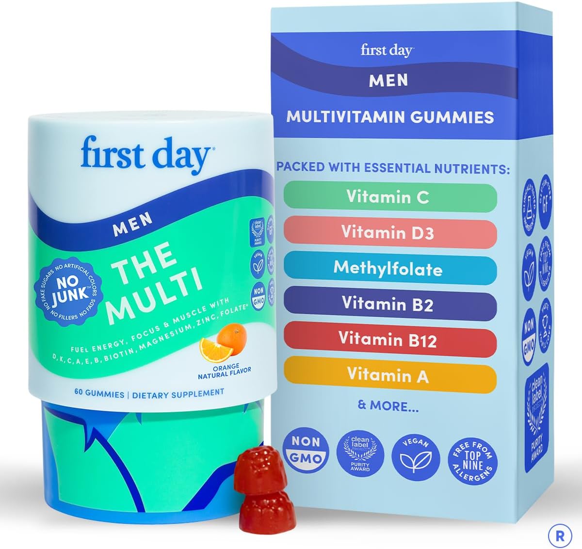 FIRST DAY Multivitamin for Men + Organic Fruit & Vegetable Blend, Men's Multivitamin Gummies with 13 Key Nutrients for Energy, Focus, Immunity - Vitamins A, B1, B2, B6, B9, B12, C, D3, K - 30 Day Supply - görsel 1