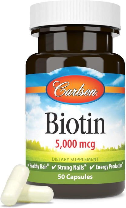 Carlson – Biotin, 5000 mcg, for Healthy Hair, Strong Nails & Energy Metabolism, 50 Capsules
