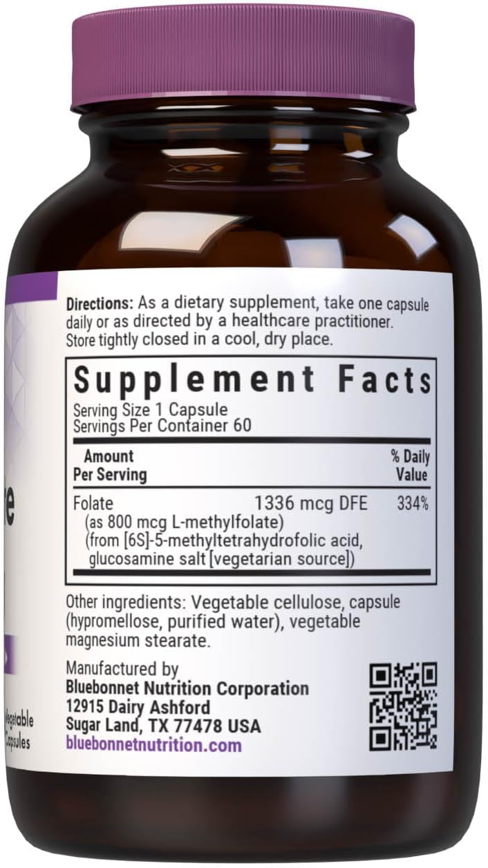 BlueBonnet Nutrition CellularActive Methylfolate 800 mcg – Formulated with Quatrefolic - for Energy, Mood, and Prenatal Health - Vegan, Gluten-Free, Non-GMO, and Kosher – 60 Capsules – 60 Servings - görsel 2