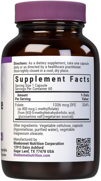 BlueBonnet Nutrition CellularActive Methylfolate 800 mcg – Formulated with Quatrefolic - for Energy, Mood, and Prenatal Health - Vegan, Gluten-Free, Non-GMO, and Kosher – 60 Capsules – 60 Servings