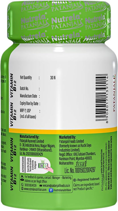 NUTRELA Patanjali Vitamin B12 Biofermented Plant Based Supplement for Men & Women with Moringa and Aloe Vera Extract - 30 Vegan Capsules (Pack of 2)