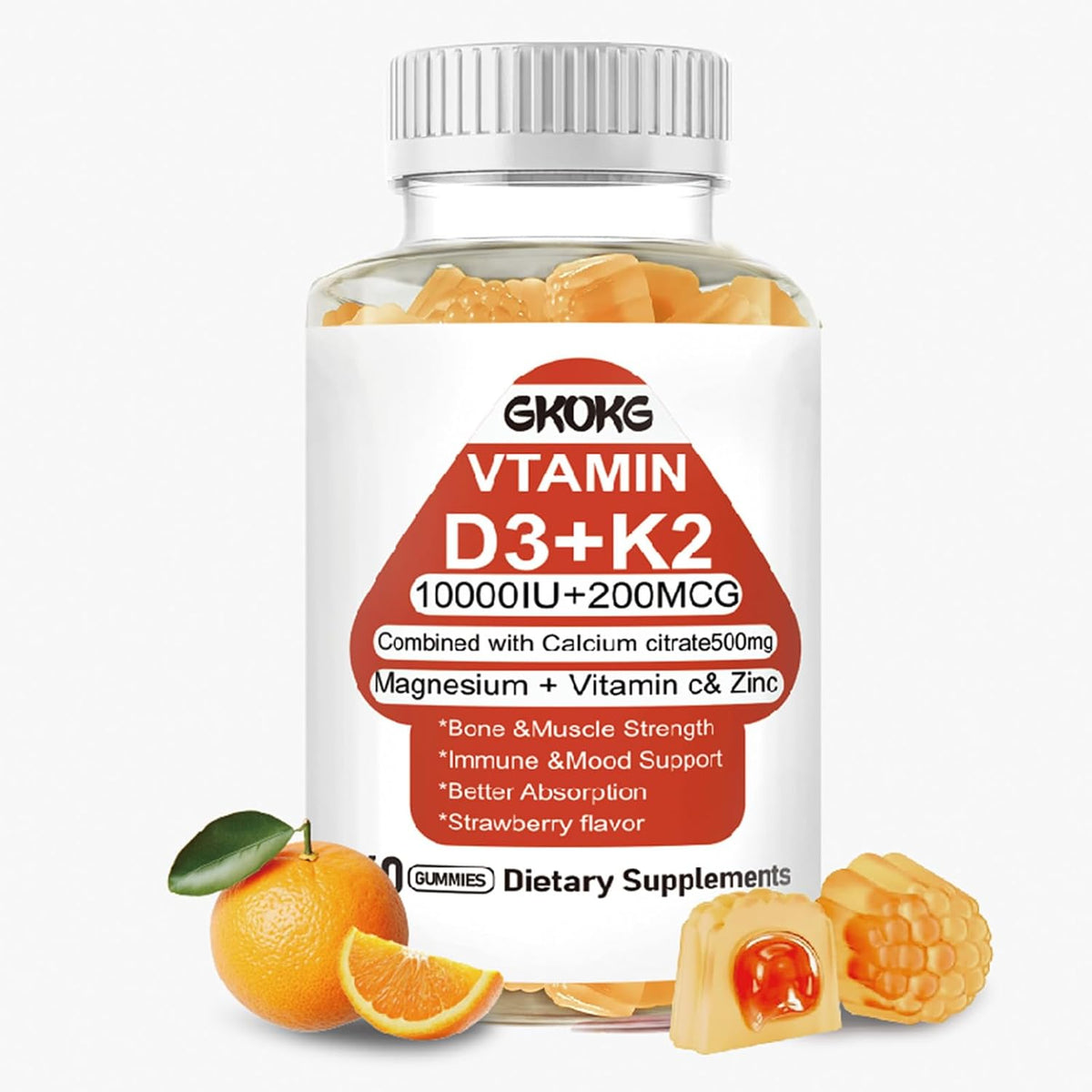 Vitamin D3 + K2 Gummies (MK7 200mcg) – 1000 IU Vegan Vitamin D Supplement for Bone, Heart & Immune Health – 60 Gummies, Orange Flavour - görsel 1