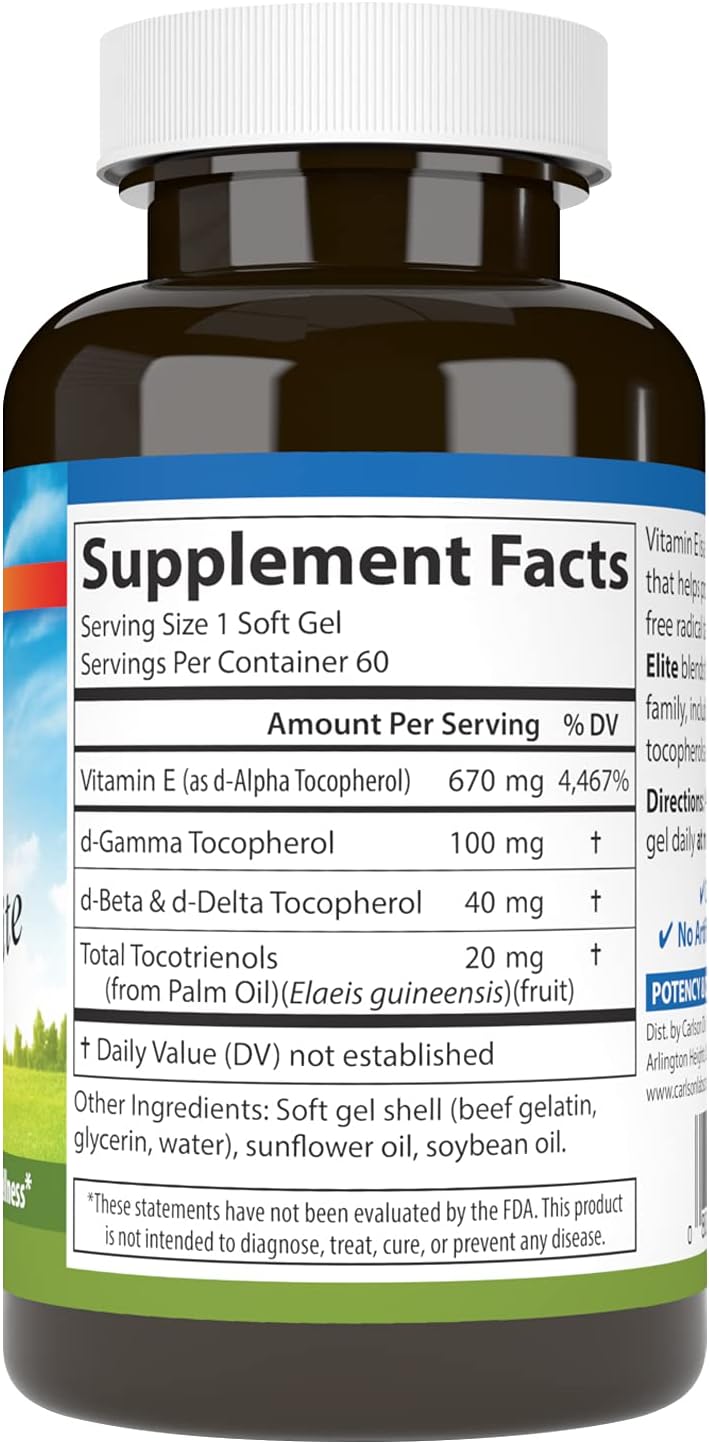 Carlson - E-Gems Elite, 1000 IU (670 mg) Vitamin E with Tocopherols and Tocotrienols, Optimal Wellness, 60 Soft Gel Capsules - görsel 2