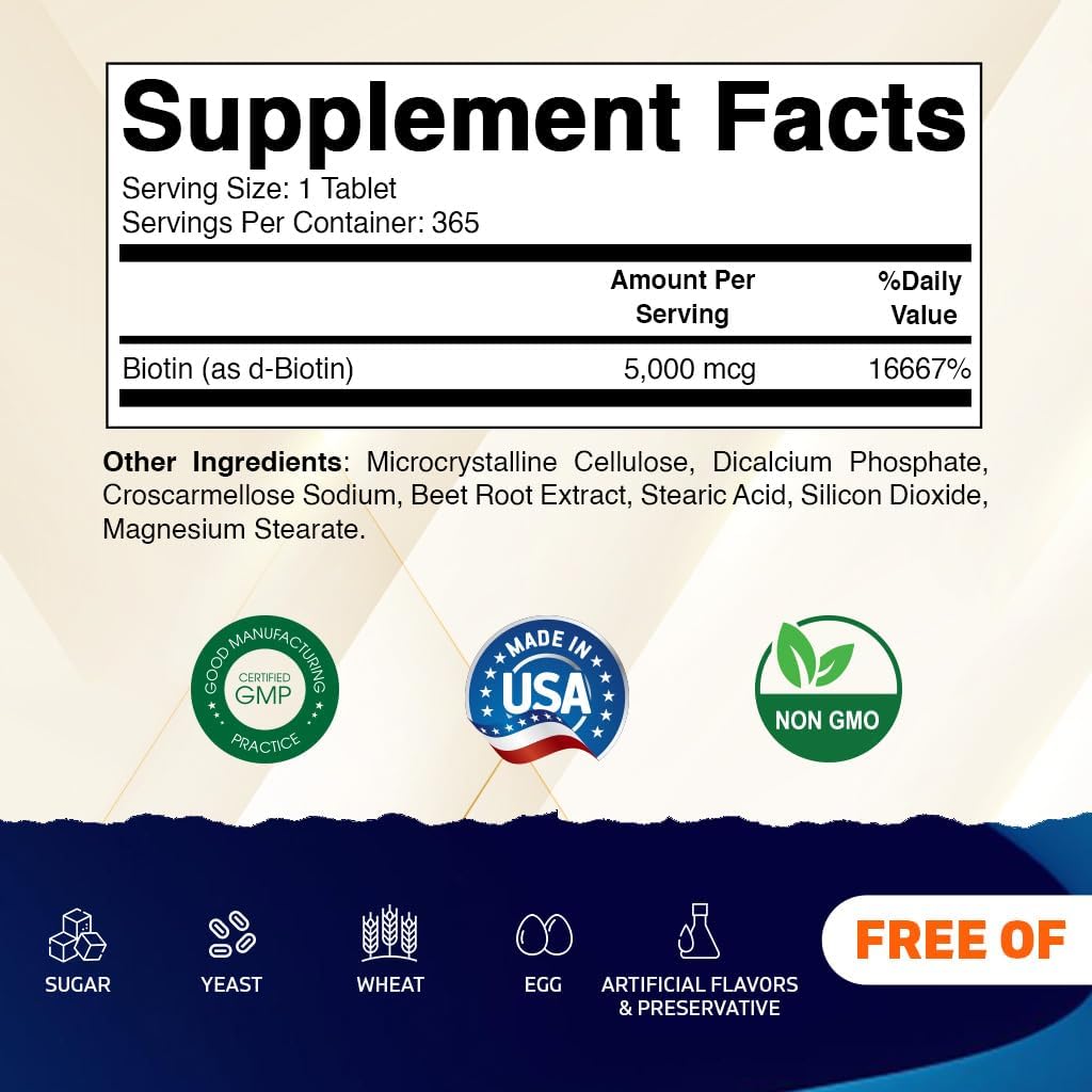 Vitamatic Biotin 5000mcg (5 mg) for Healthier Hair, Skin and Nails – 365 Vegan Tablets - görsel 2