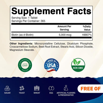 Vitamatic Biotin 5000mcg (5 mg) for Healthier Hair, Skin and Nails – 365 Vegan Tablets