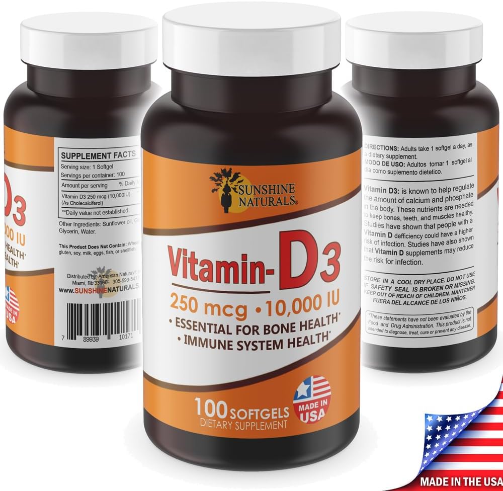 Sunshine Naturals Vitamin D3 10000 IU Food Supplement - 100 Softgels for Immune Support, Bone Health & Calcium Absorption - görsel 5