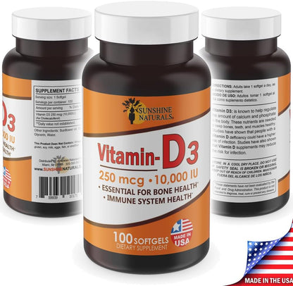 Sunshine Naturals Vitamin D3 10000 IU Food Supplement - 100 Softgels for Immune Support, Bone Health & Calcium Absorption