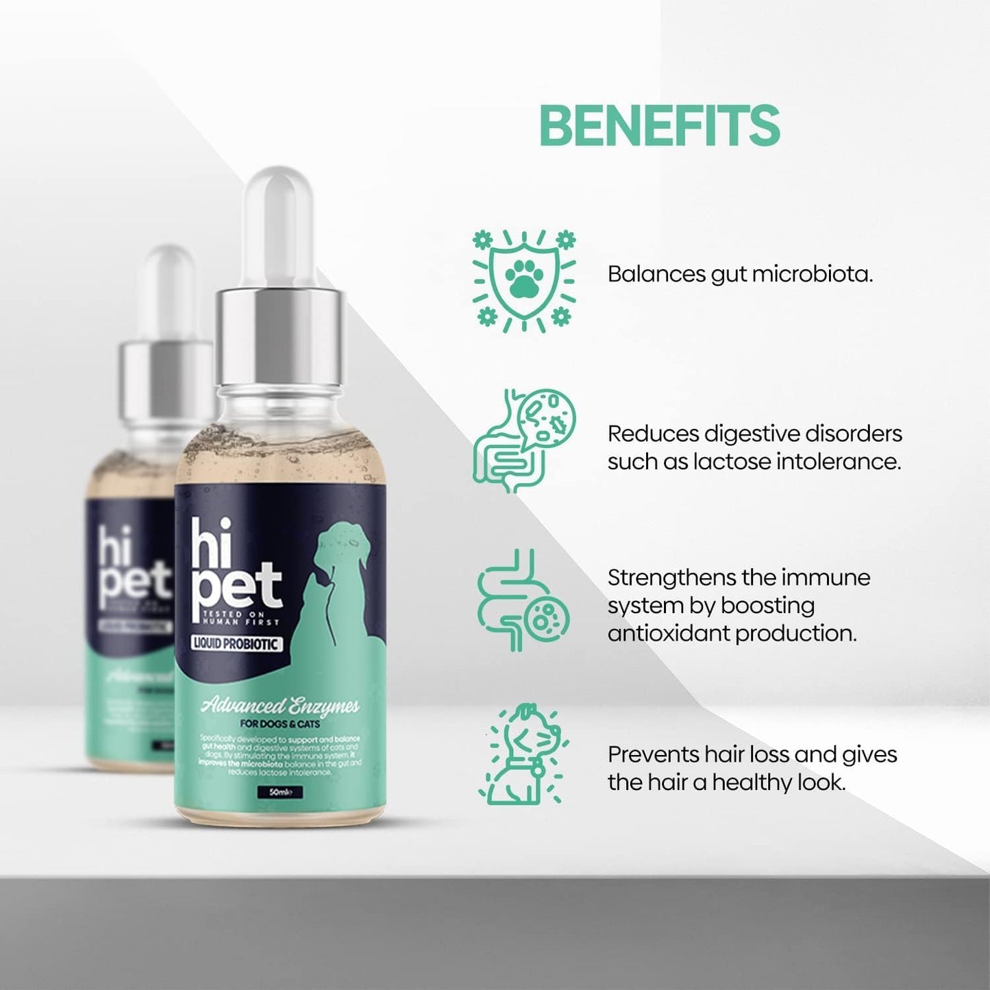HiPet Liquid Probiotics for Dogs and Cats - Digestive Enzymes, 13 Billion CFU/ml, 50 ml - görsel 2