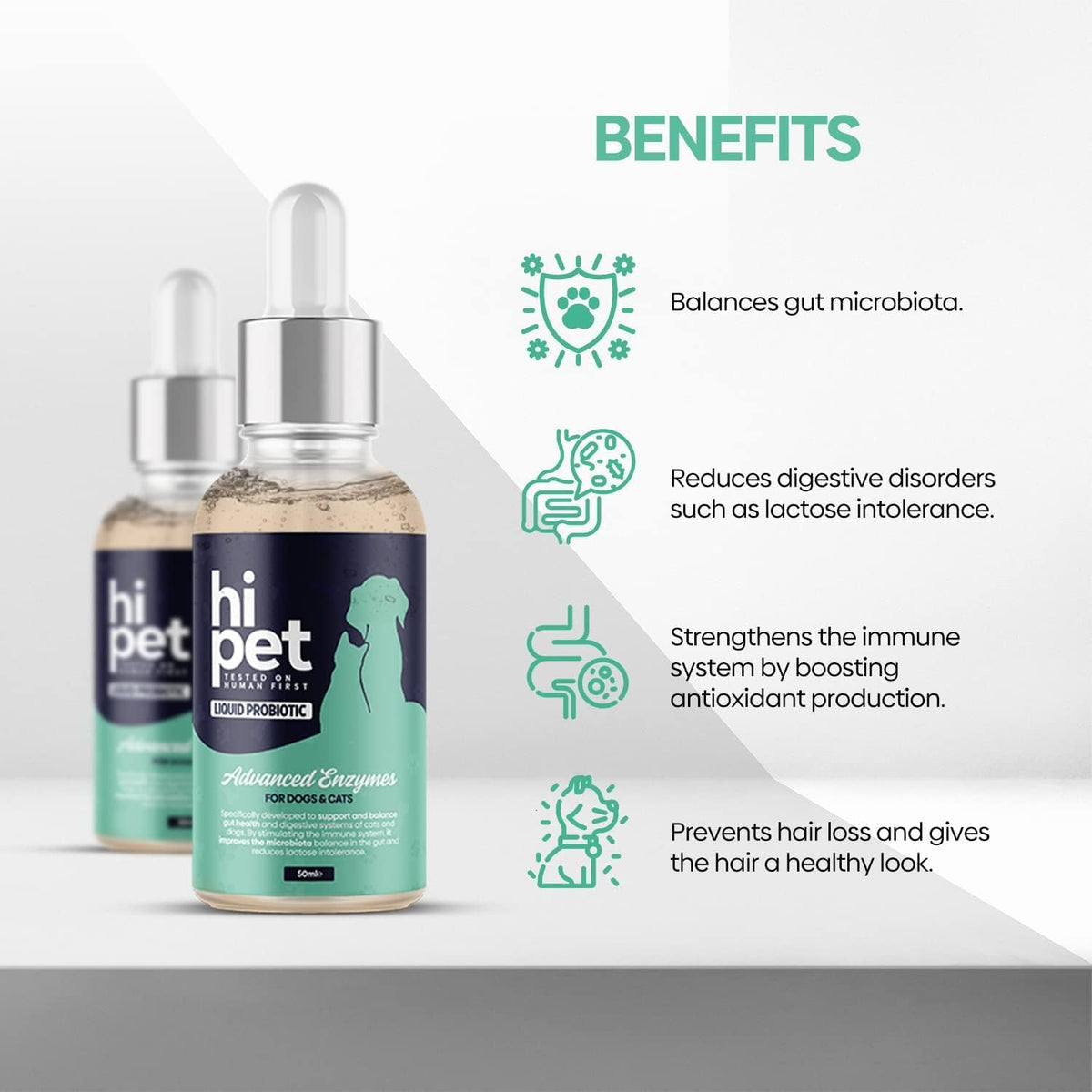 HiPet Liquid Probiotics for Dogs and Cats - Digestive Enzymes, 13 Billion CFU/ml, 50 ml - görsel 2