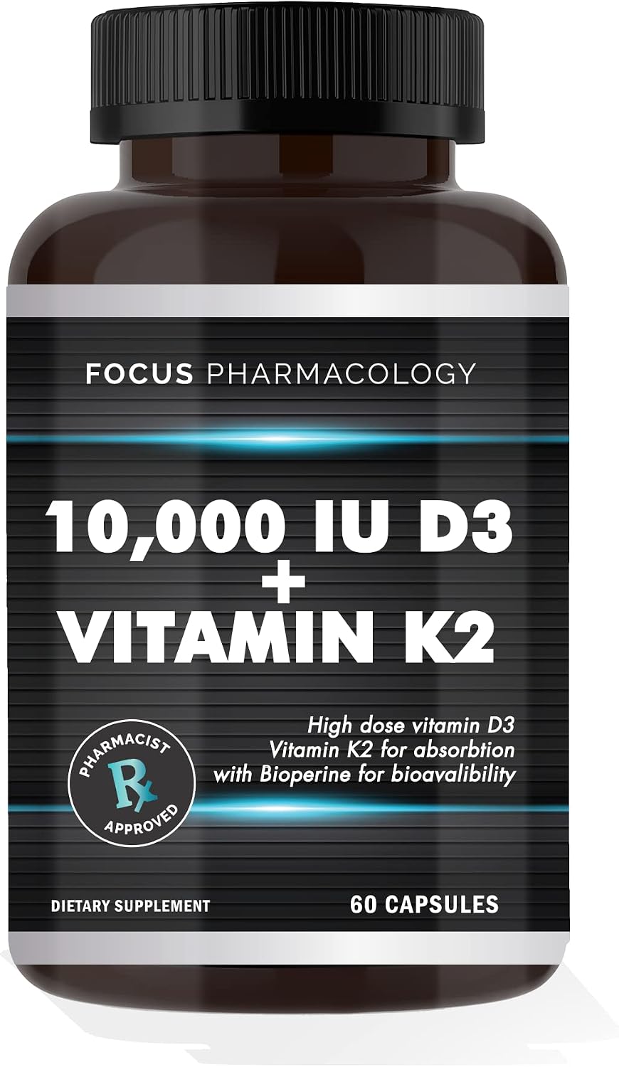 Focus Pharmacology Vitamin K2 with D3 Extra Strength - 10,000 IU D3 & 200 mcg K2 (MK-7), 60 Capsules - görsel 2