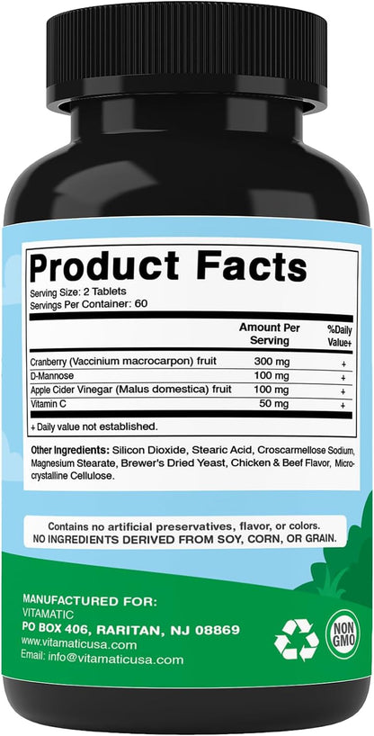 Vitamatic Cranberry for Dogs – 120 Chewable Tablets – Urinary Tract & Bladder Support with D-Mannose, Apple Cider Vinegar & Vitamin C