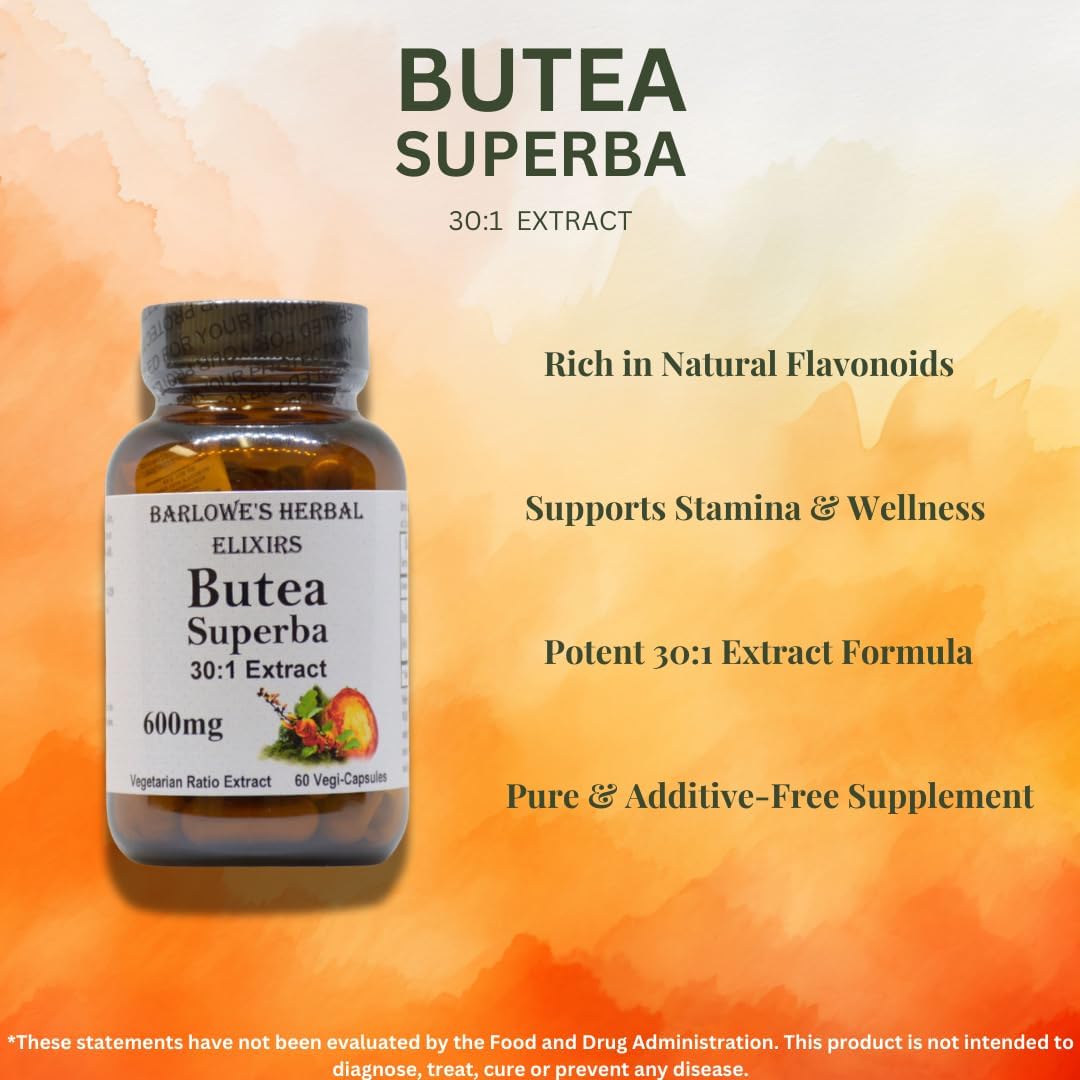 Barlowe's Herbal Elixirs Butea Superba Extract 30:1 | 600mg per Capsule | Thai Male Vitality Herb | 60 Vegan Capsules | High Flavonoid Content | Stearate-Free, Glass Bottled - görsel 3