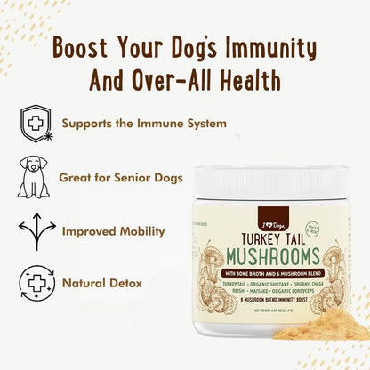 iHeartDogs Turkey Tail Mushroom for Dogs with Bone Broth and 6 Mushroom Blend Powder