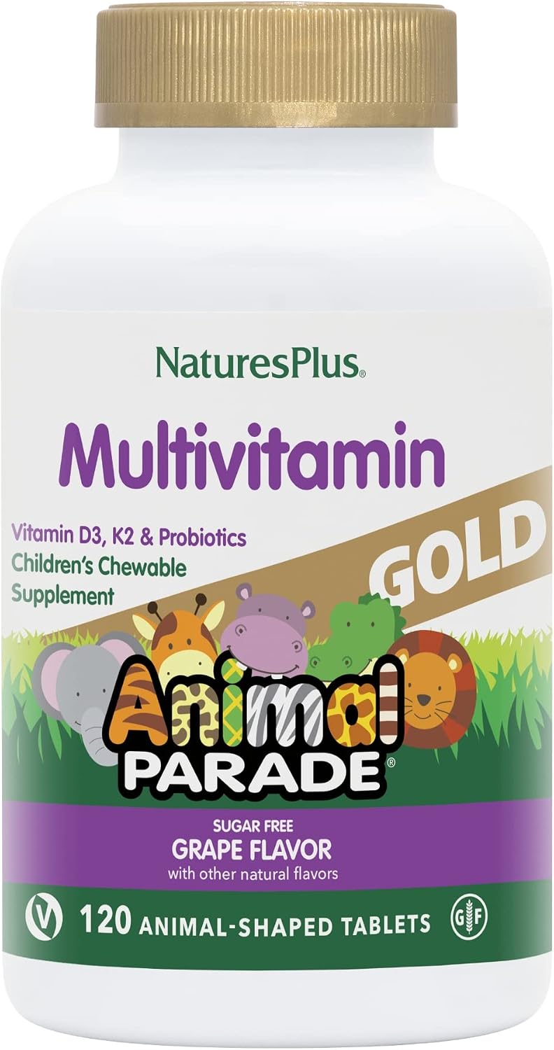NaturesPlus Animal Parade Gold Children's Multivitamin, Grape Flavour - 120 Chewable Animal Shaped Tablets (60 Servings) - görsel 1