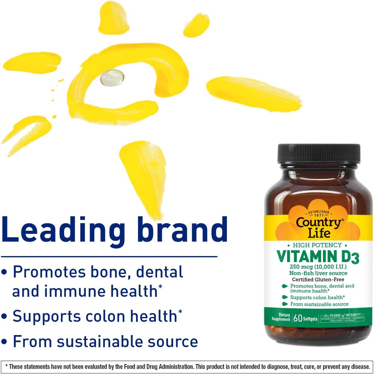 Country Life Vitamin D3 10,000 IU – High Potency, Non-Fish Source | Supports Bone, Immune & Cell Division Health | 60 Softgels | Certified Gluten-Free, Clean Formula with MCT Oil for Better Absorption - görsel 2