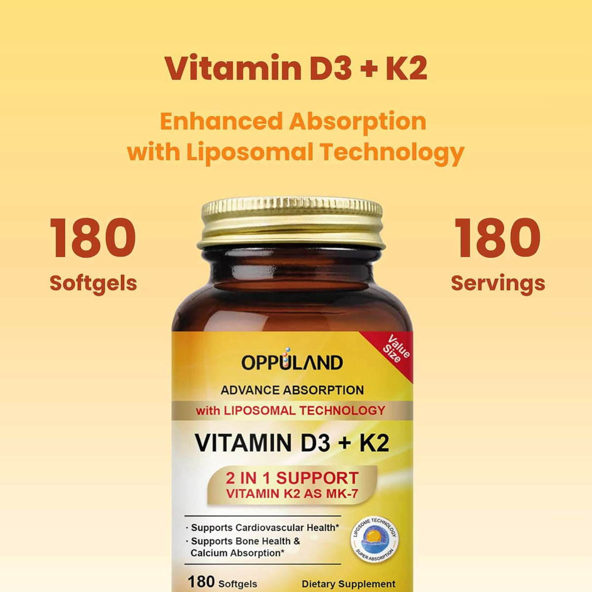oppuland Vitamin D3 + K2 5000 IU - Liposomal Enhanced Absorption - MK-7 100mcg - 180 Softgels - görsel 4