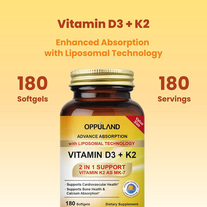 oppuland Vitamin D3 + K2 5000 IU - Liposomal Enhanced Absorption - MK-7 100mcg - 180 Softgels
