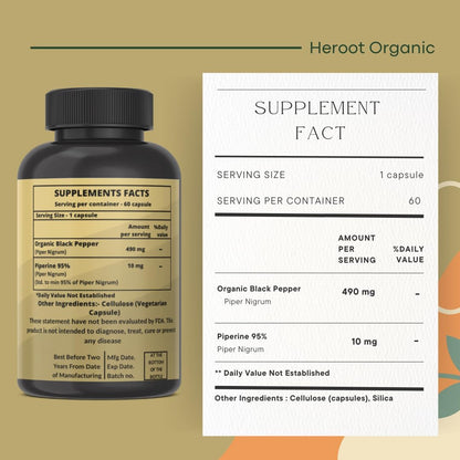 Heroot Piperine 95% (Piper Nigrum) 500 mg - Digestive Health & Breathing Support, Gluten-free, 120 Capsules