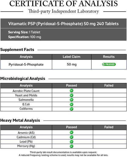 Vitamatic P5P 50 mg – Pyridoxal-5-Phosphate – Active Vitamin B6 – 240 Tablets
