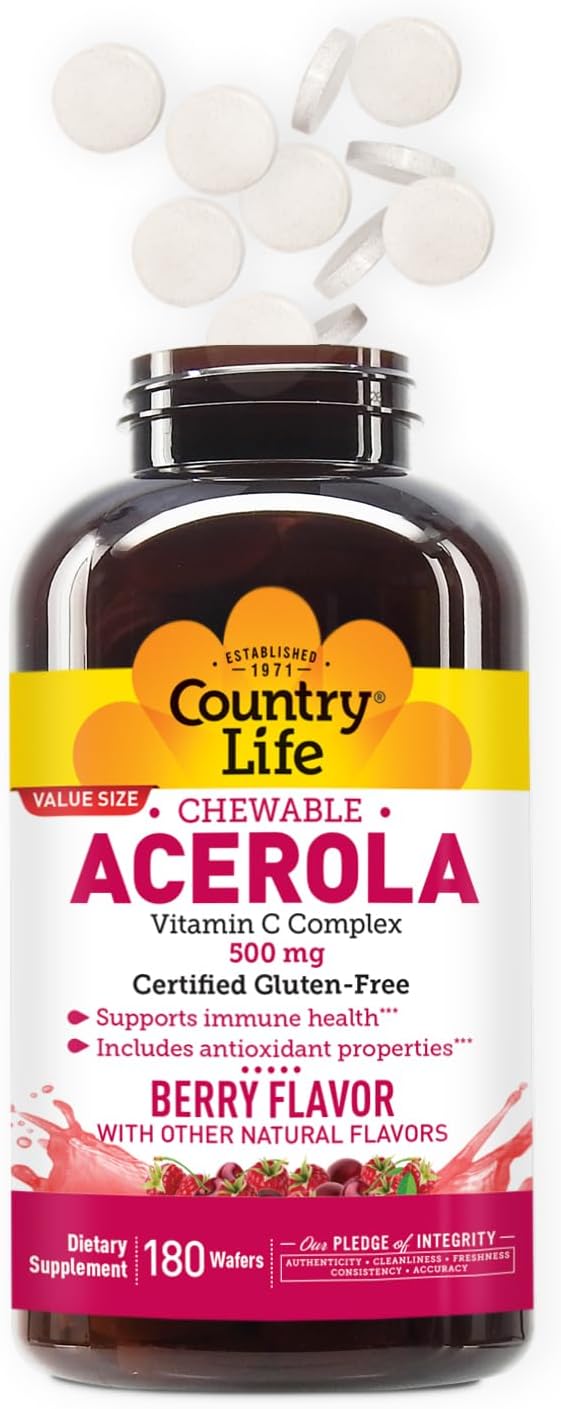 Country Life Acerola Vitamin C Complex – 500mg Chewable Berry Flavoured Wafers – Supports Immune System – 180 Count - görsel 6
