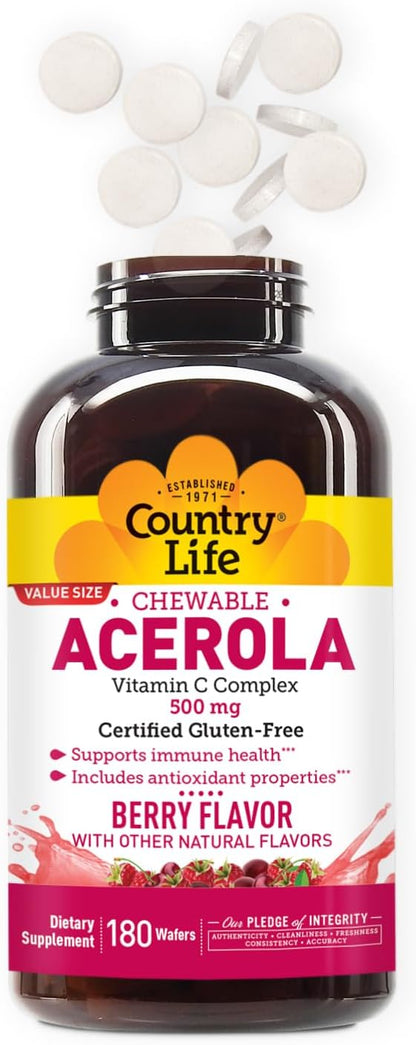 Country Life Acerola Vitamin C Complex – 500mg Chewable Berry Flavoured Wafers – Supports Immune System – 180 Count