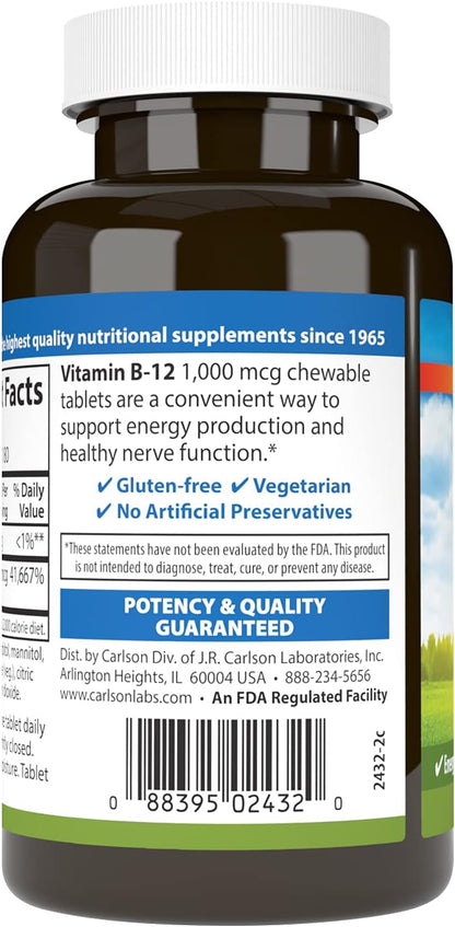 Carlson Chewable B12, 1000 mcg, Energy Metabolism, Nerve Function & Overall Wellbeing, Lemon Flavour, 180 Tablets