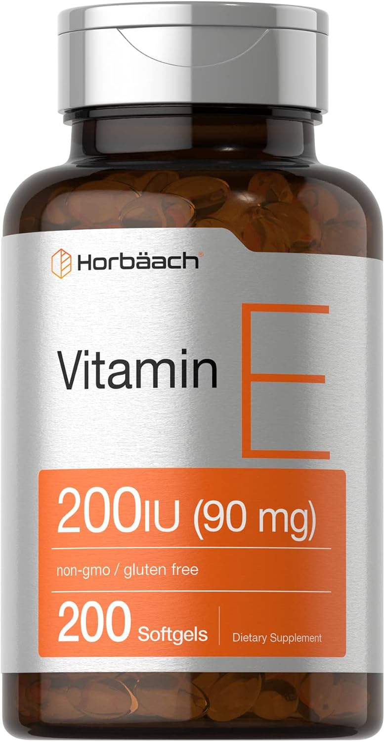 Horbäach Vitamin E Soft gel capsule Capsules 200 IU | 90 mg Supplement | 200 Count | Non-GMO and Gluten-free Formula - görsel 1