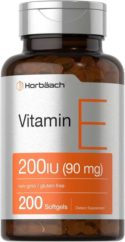 Horbäach Vitamin E Soft gel capsule Capsules 200 IU | 90 mg Supplement | 200 Count | Non-GMO and Gluten-free Formula