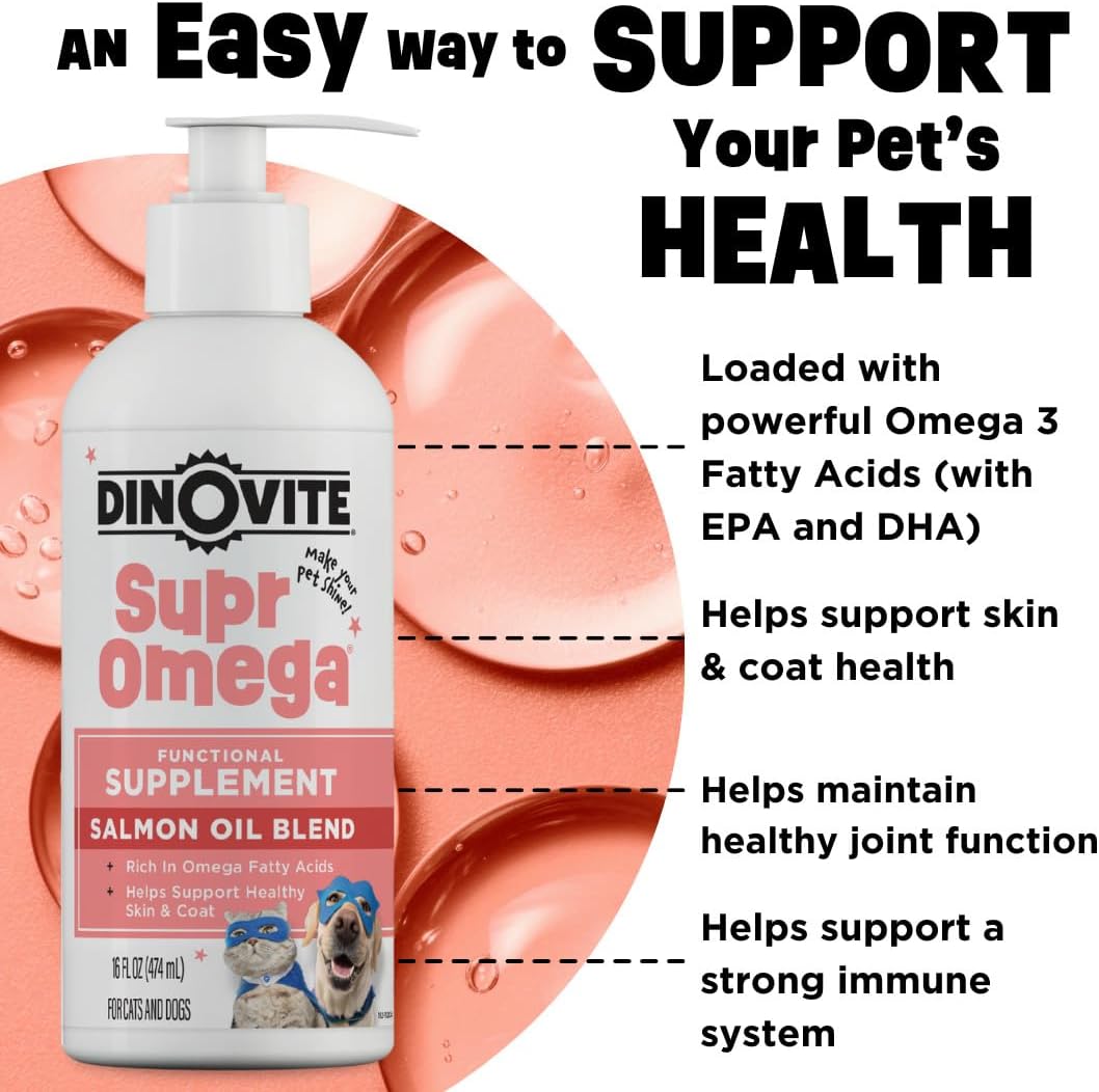 Dinovite SuprOmega Wild Caught Salmon Oil for Dogs and Cats - GM-Free Omega-3 Skin and Coat Supplement, 16 oz – Image 2