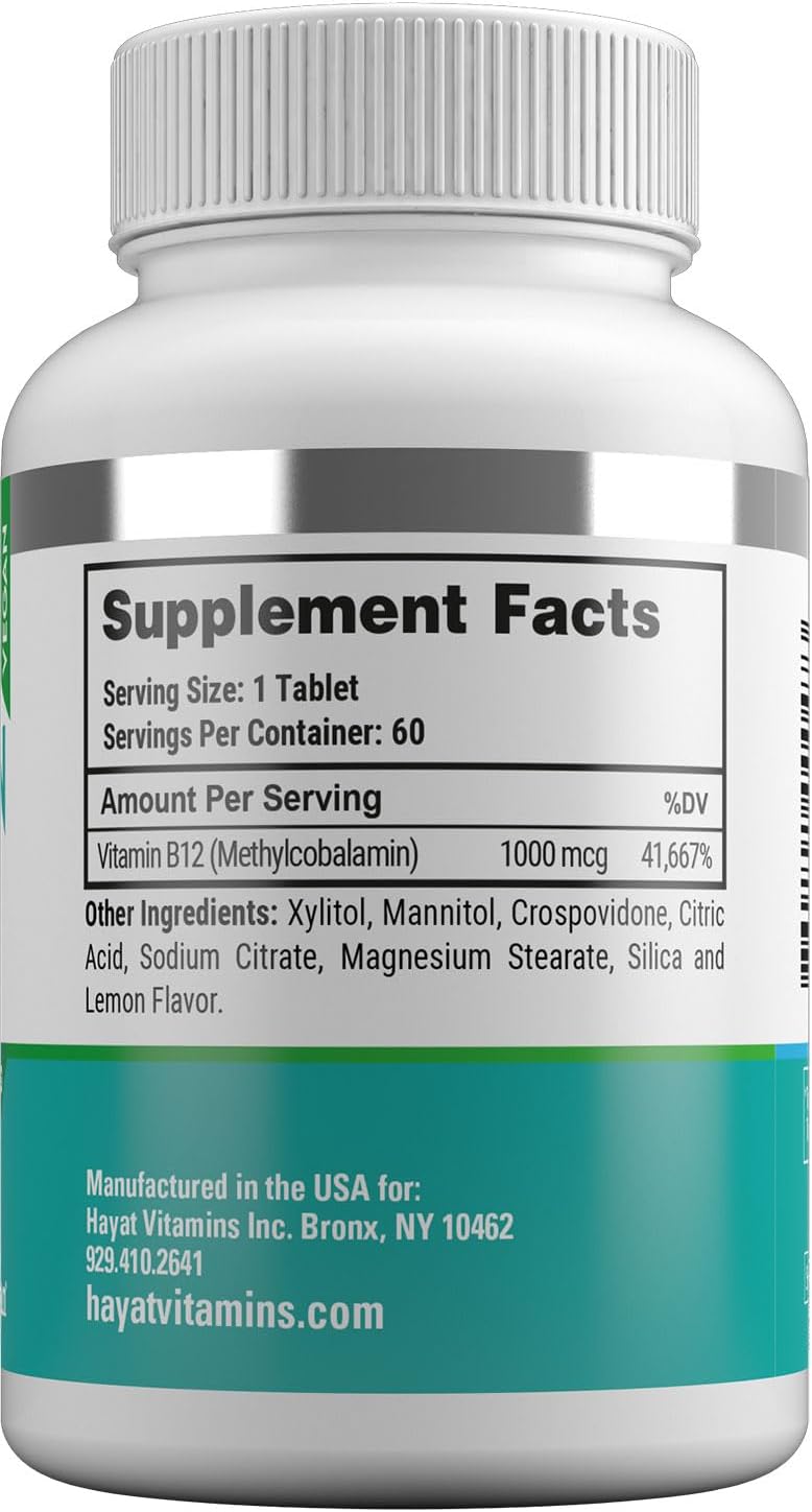 HAYAT Vitamins Vegan Vitamin B12 1000 mcg, Fast-Dissolve Sublingual Tablets for Energy Metabolism Support, 60 Count - görsel 3