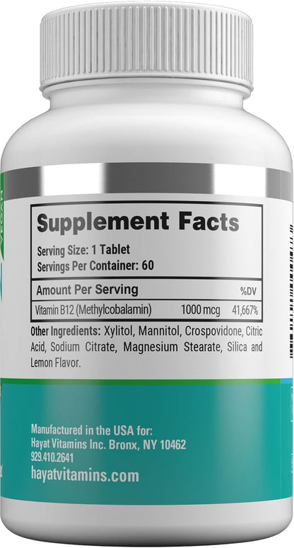 HAYAT Vitamins Vegan Vitamin B12 1000 mcg, Fast-Dissolve Sublingual Tablets for Energy Metabolism Support, 60 Count