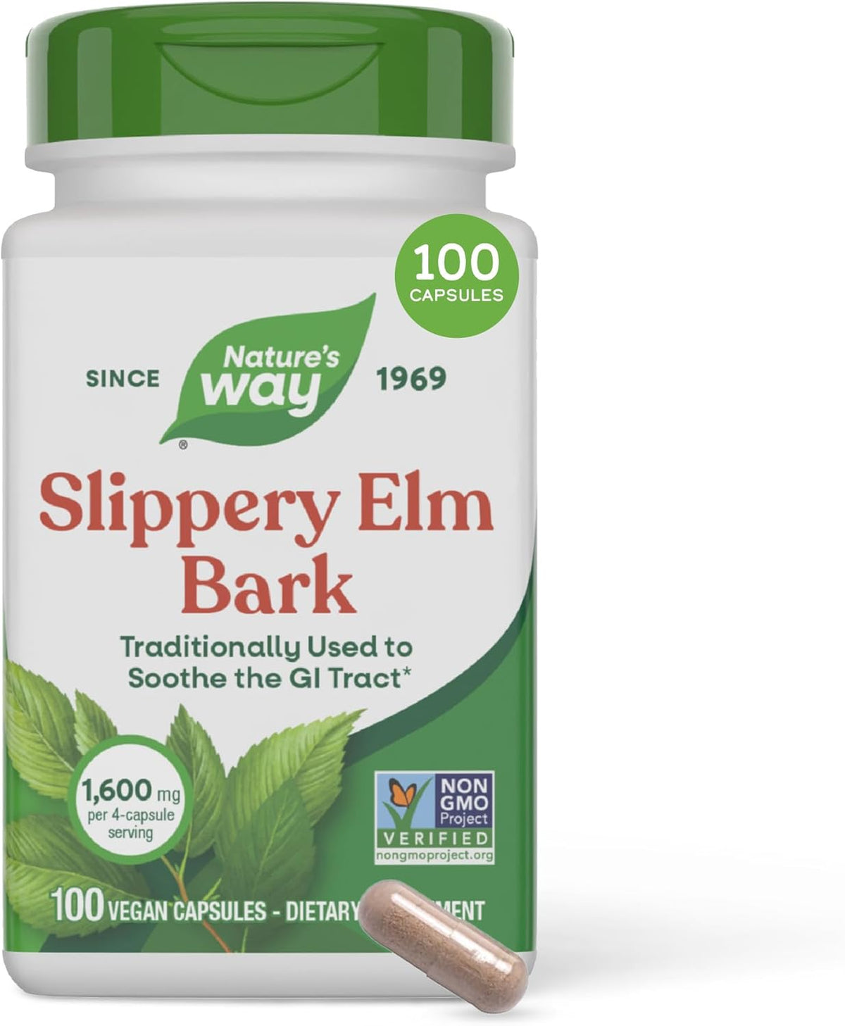Nature's Way Slippery Elm Bark Capsules – Traditional Digestive Support – 1,600 mg per Serving – Vegan – 100 Capsules - görsel 1