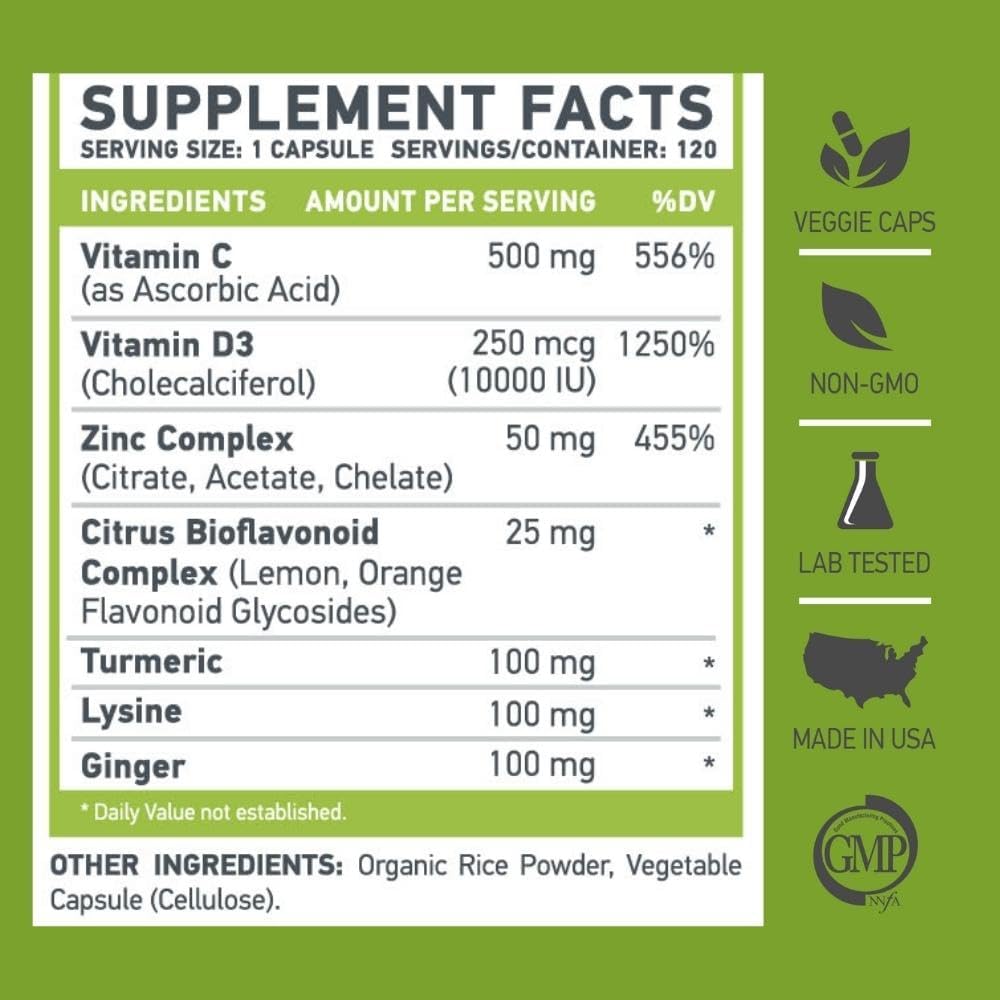 ZDC Plus Vitamin C 500mg with D3, Zinc, Turmeric, Ginger, Lysine - 120 Vegetable Capsules - görsel 4