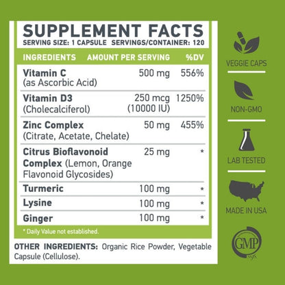 ZDC Plus Vitamin C 500mg with D3, Zinc, Turmeric, Ginger, Lysine - 120 Vegetable Capsules