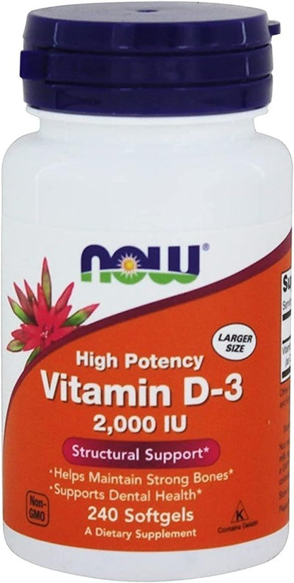 NOW Foods Vitamin D-3, 2,000 IU, 240 Softgels (2-Pack)