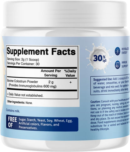 Vitamatic Bovine Colostrum 30% IgG Powder - Gut Health, Immune Support, Muscle Recovery - 60g (30 Servings, Unflavoured)