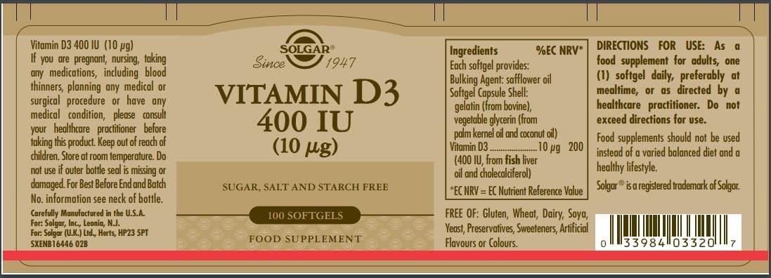 Solgar Vitamin D3 (Cholecalciferol) 400 IU, 100 Softgel Capsules - görsel 2